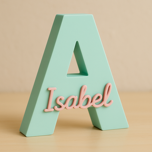 Pastellfarbener 3D-Buchstabe A mit rosa Namenszug 'Isabel' – personalisierbares Geschenk