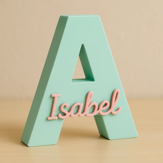 Pastellfarbener 3D-Buchstabe A mit rosa Namenszug 'Isabel' – personalisierbares Geschenk