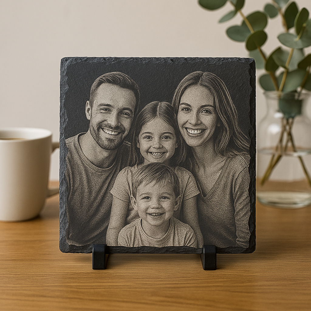 Individuell gravierter Naturschiefer mit Foto und Text – Geschenk zur Geburt, Hochzeit oder zum Gedenken