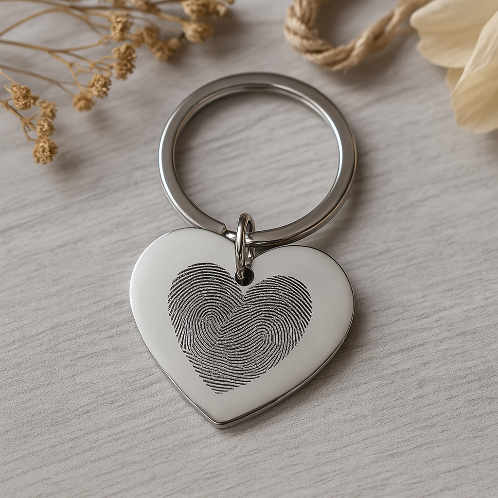 💖 Edelstahl-Schlüsselanhänger mit Fingerabdruck & Gravur – Personalisiertes Unikat